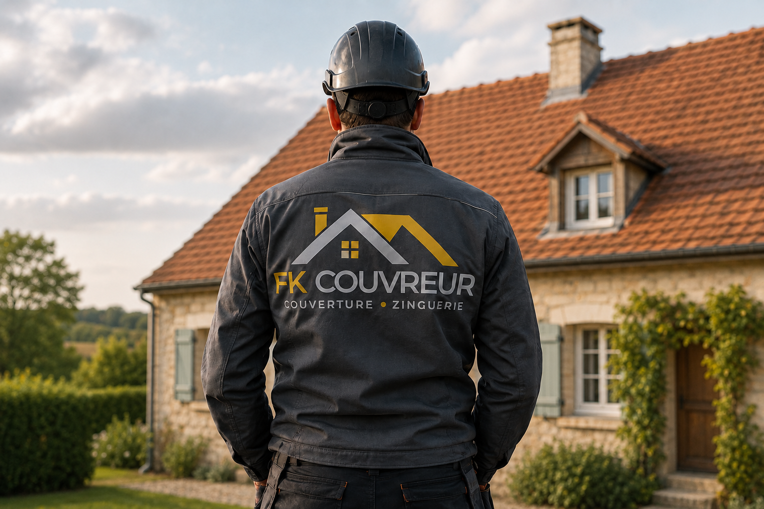 Artisan couvreur FK Couvreur devant une toiture en tuiles